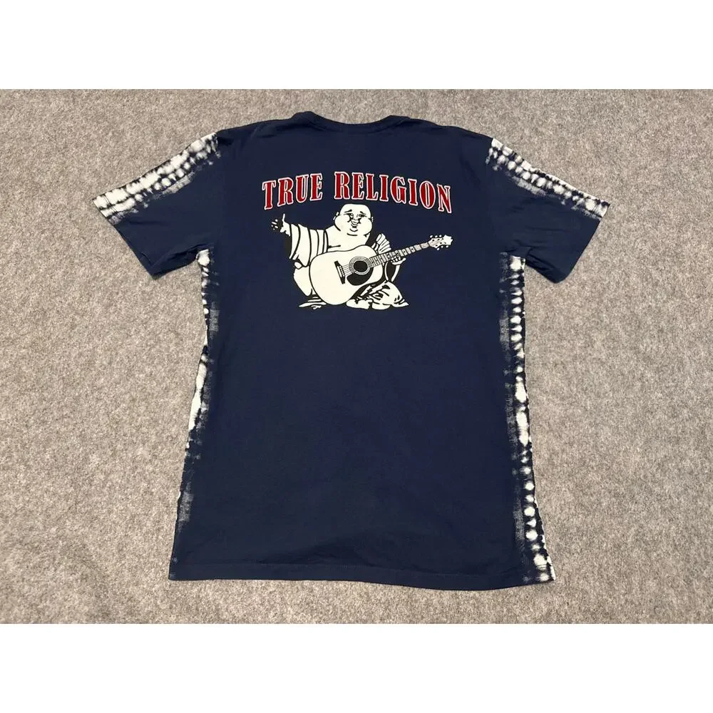 True Religion Buddha Logo Tee Mens Medium Blue Tie Dye Guitar World Tour Graphic
